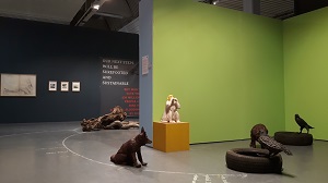 A view of the Climate. Emergency. Hope exhibition. In the foreground are sculptures of 3 crows, a monkey and a dog against a bright green wall. In the background is a large tree base with sprawling roots and pictures and banners are hung on the wall.